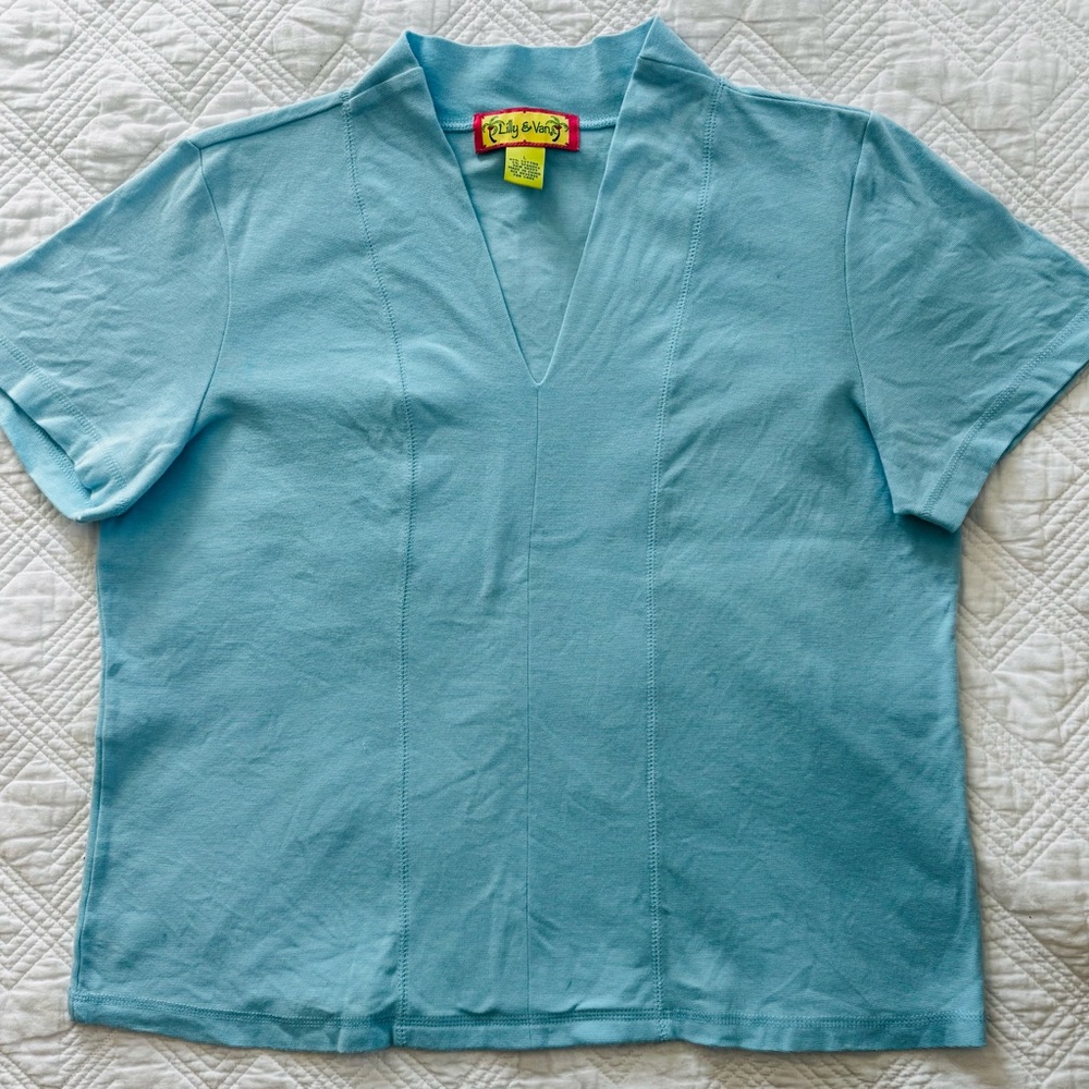 Lilly & Van Light Blue V-neck Cotton Blend Summer Beach Top Large